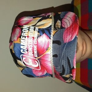 Vtg San Sun Cameron Construction Snapback Floral Hawaiian Print Hat w Rope